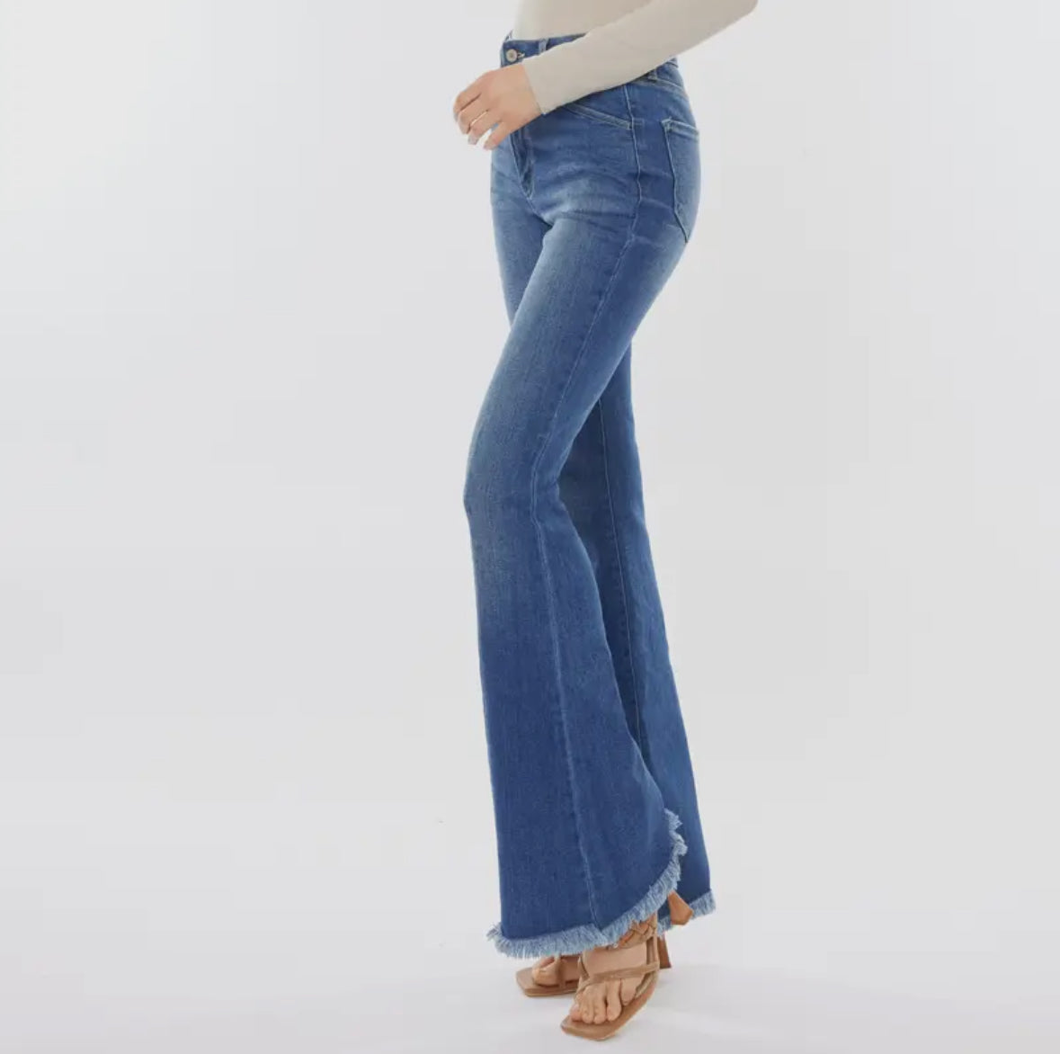 Kan Can High Rise Frayed Hem Flare Jeans