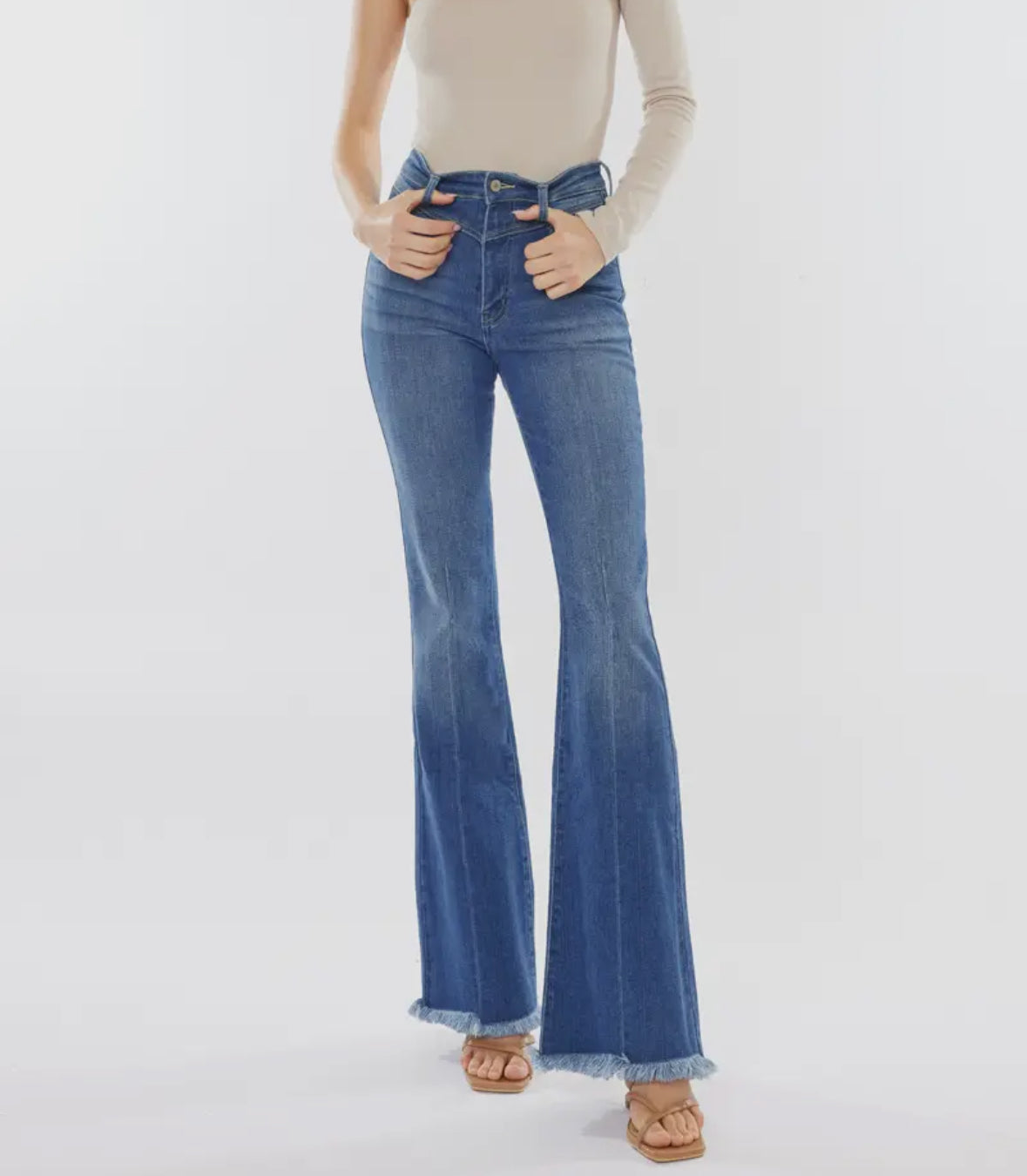 Kan Can High Rise Frayed Hem Flare Jeans